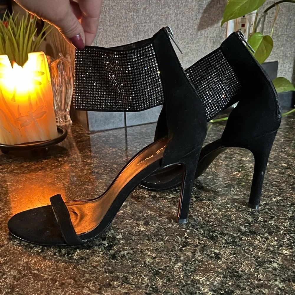 Pelle Moda Black and Silver Ankle Cuff Heels